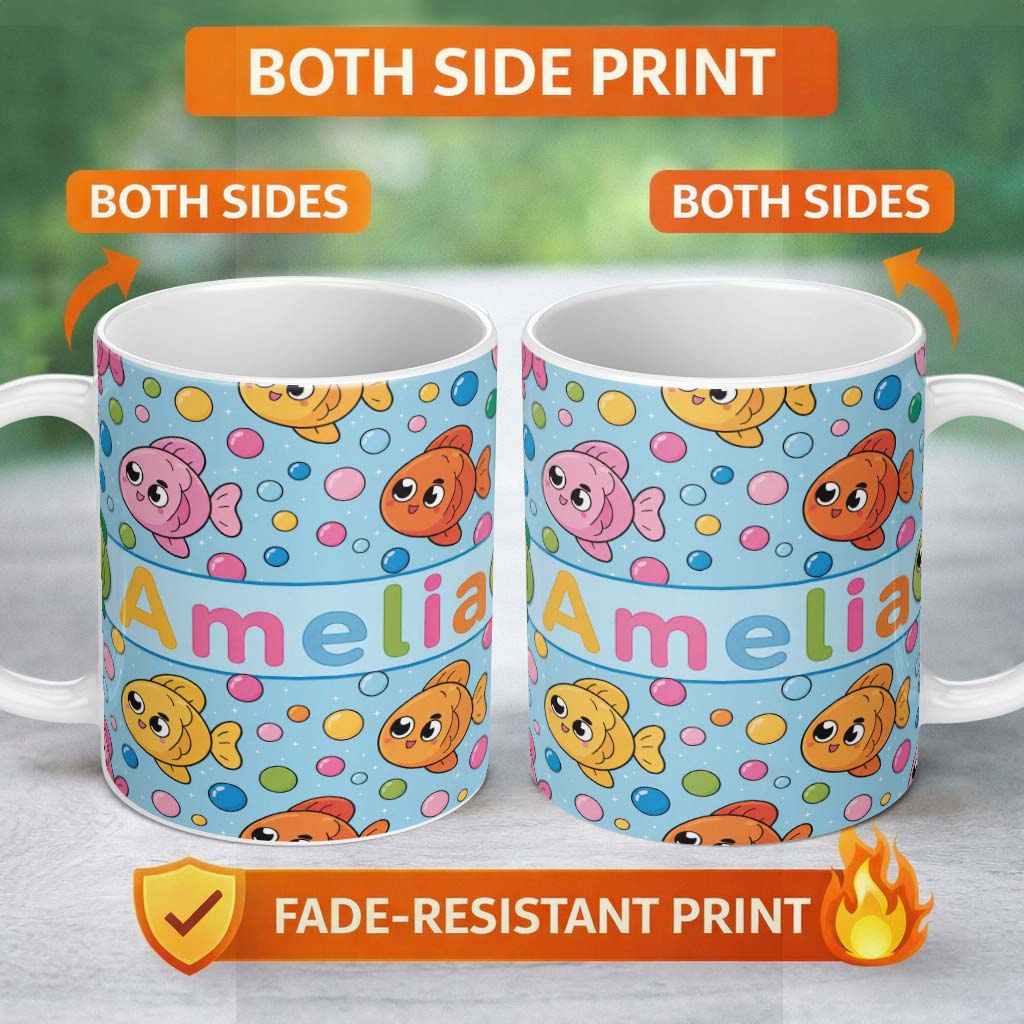 Personalized Custom Name Cute Colorful Fish Bubbles Underwater Kawaii Seamless Pattern Lovely 11oz Ceramic Coffee Tea Mug White Large Handle