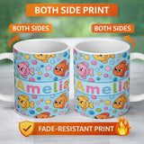 Personalized Custom Name Cute Colorful Fish Bubbles Underwater Kawaii Seamless Pattern Lovely 11oz Ceramic Coffee Tea Mug White Large Handle