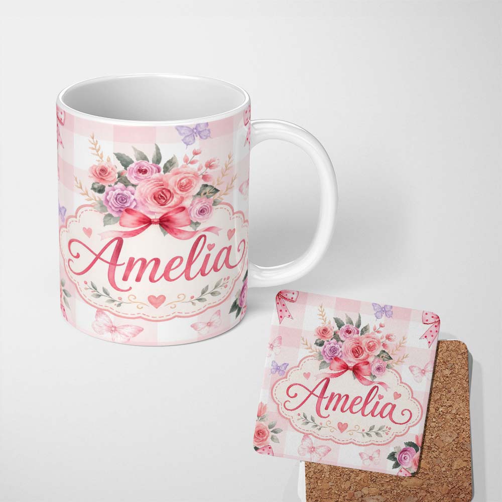 Personalized Custom Name Cute Watercolor Roses Bouquet with Red Ribbon Gingham Pink Lovely 11oz Ceramic Coffee Tea Mug White Large Handle