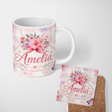 Personalized Custom Name Cute Watercolor Roses Bouquet with Red Ribbon Gingham Pink Lovely 11oz Ceramic Coffee Tea Mug White Large Handle