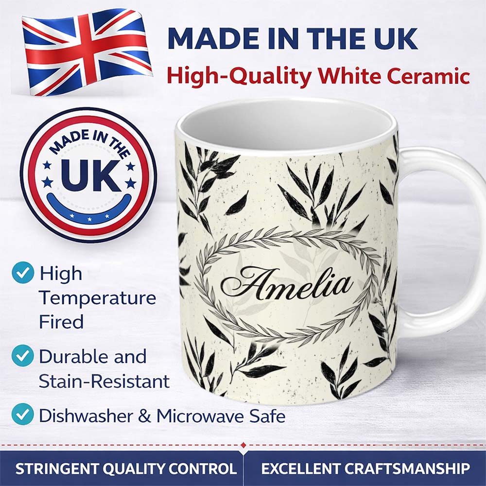 Personalized Custom Name Minimal Botanical Leaves Black Cream Organic Floral Pattern Lovely 11oz Ceramic Coffee Tea Mug White Large Handle