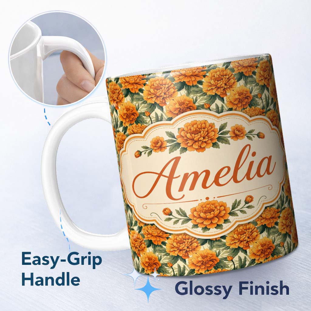 Personalized Custom Name Orange Marigold Flower Garden Seamless Pattern Thoughtful Gift Idea 11oz Ceramic Coffee Tea Mug White Large Handle