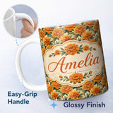 Personalized Custom Name Orange Marigold Flower Garden Seamless Pattern Thoughtful Gift Idea 11oz Ceramic Coffee Tea Mug White Large Handle