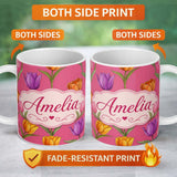 Personalized Custom Name Elegant Tulip Floral Seamless Pattern Bright Pink Background Spring 11oz Ceramic Coffee Tea Mug White Large Handle