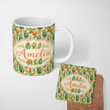 Personalized Custom Name Elegant Blooming Cactus Floral Botanical Seamless Pattern Design 11oz Ceramic Coffee Tea Mug White Large Handle