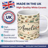 Personalized Custom Name Retro Camera Collage Seamless Pattern on Light Neutral Background 11oz Ceramic Coffee Tea Mug White Large Handle