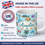 Personalized Custom Name Cartoon Ocean with various sea Creatures Sea Creatures on Aqua Blue 11oz Ceramic Coffee Tea Mug White Large Handle