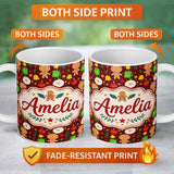 Personalized Custom Name Cute Gingerbread Snowman Mug Ornament Seamless Pattern Christmas 11oz Ceramic Coffee Tea Mug White Large Handle