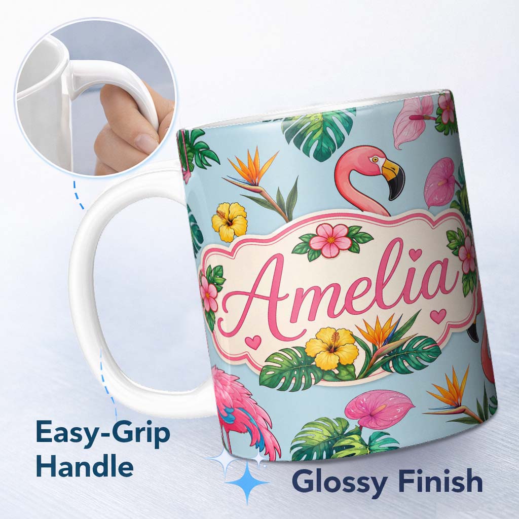 Personalized Custom Name Tropical Flamingo with Hibiscus Flowers and Leaves Blue Background 11oz Ceramic Coffee Tea Mug White Large Handle