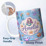 Personalized Custom Name Cute Cartoon Mermaid with Sea Creatures on Blue Background Kids 11oz Ceramic Coffee Tea Mug White Large Handle