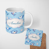 Personalized Custom Name Cute Dolphin Stingray Starfish Ocean Sea Life Soft Aqua Background 11oz Ceramic Coffee Tea Mug White Large Handle