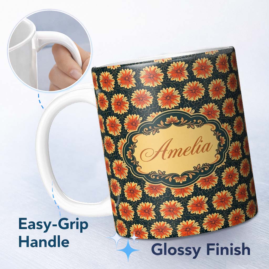 Personalized Custom Name Bold Orange Floral Pattern on Dark Background Seamless Pattern 11oz Ceramic Coffee Tea Mug White Large Handle