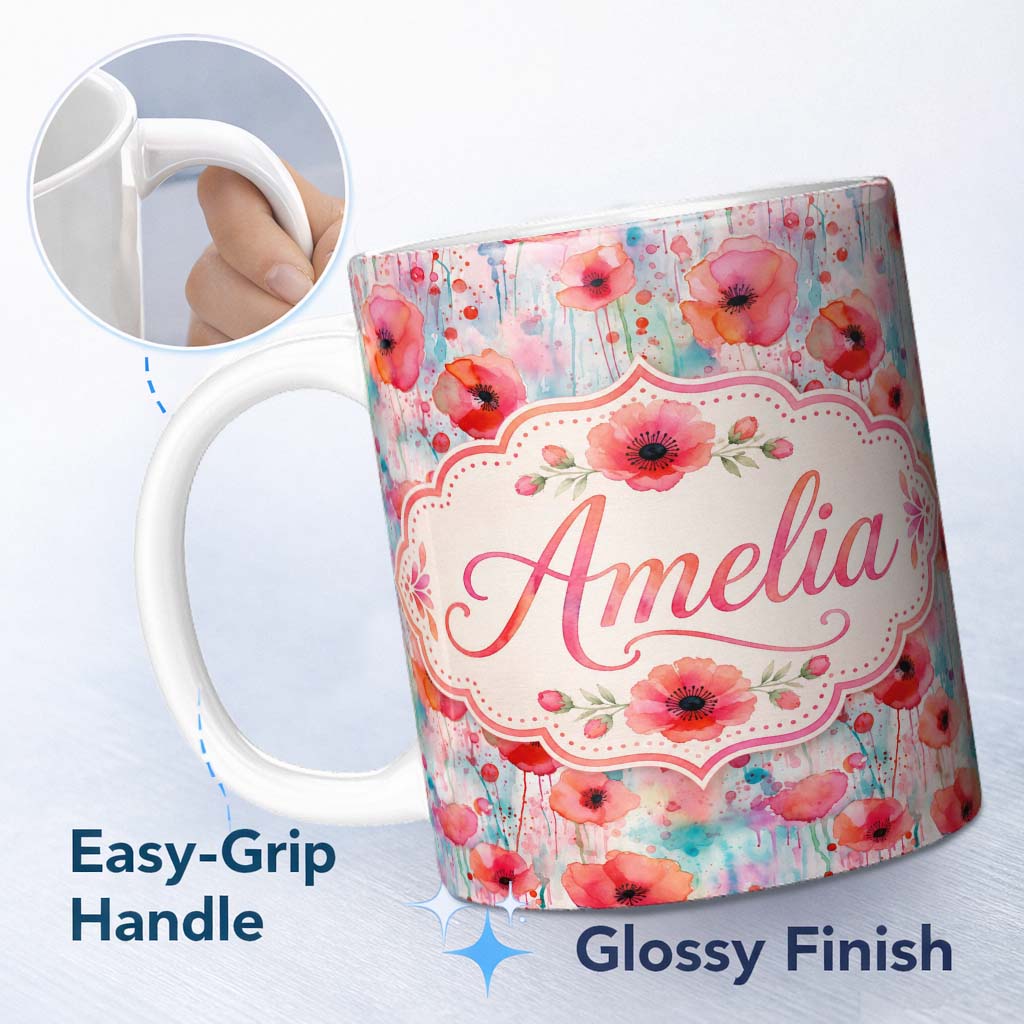 Personalized Custom Name Dreamy Watercolor Poppy Flowers with Dripping Paint Seamless Pattern 11oz Ceramic Coffee Tea Mug White Large Handle