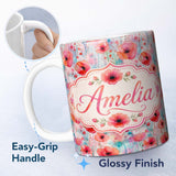 Personalized Custom Name Dreamy Watercolor Poppy Flowers with Dripping Paint Seamless Pattern 11oz Ceramic Coffee Tea Mug White Large Handle