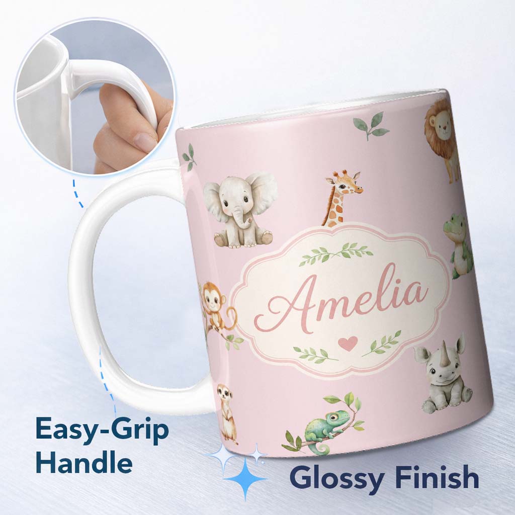 Personalized Custom Name Safari Animals with Elephant Lion and Crocodile on Soft Pink Lovely 11oz Ceramic Coffee Tea Mug White Large Handle