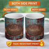 Personalized Custom Name Abstract Rust Patina Texture Teal Blue Oxidised Metal Grunge Lovely 11oz Ceramic Coffee Tea Mug White Large Handle