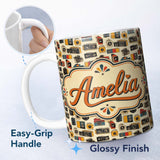 Personalized Custom Name Minimal Retro Camera Tossed Seamless Pattern Neutral Cream Lovely 11oz Ceramic Coffee Tea Mug White Large Handle