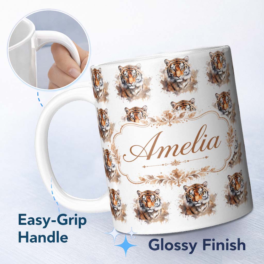 Personalized Custom Name Realistic Tiger Portrait Splash Art Seamless Pattern Lovely 11oz Ceramic Coffee Tea Mug White Large Handle