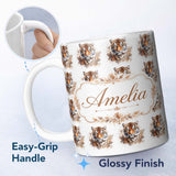 Personalized Custom Name Realistic Tiger Portrait Splash Art Seamless Pattern Lovely 11oz Ceramic Coffee Tea Mug White Large Handle