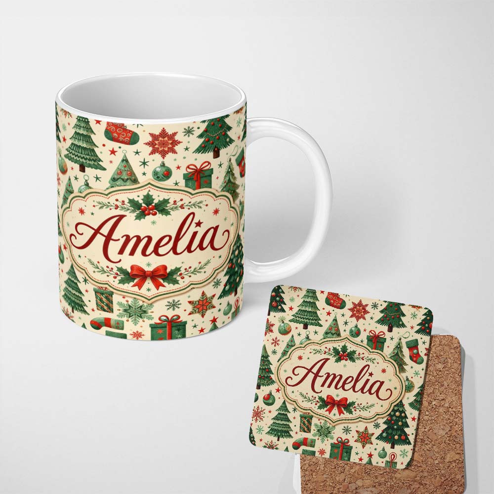 Personalized Custom Name Cute Christmas Trees Stockings Snowflakes Festive Holiday Design 11oz Ceramic Coffee Tea Mug White Large Handle