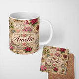 Personalized Custom Name Vintage Floral Christmas Postcards Collage Festive Holiday Design 11oz Ceramic Coffee Tea Mug White Large Handle