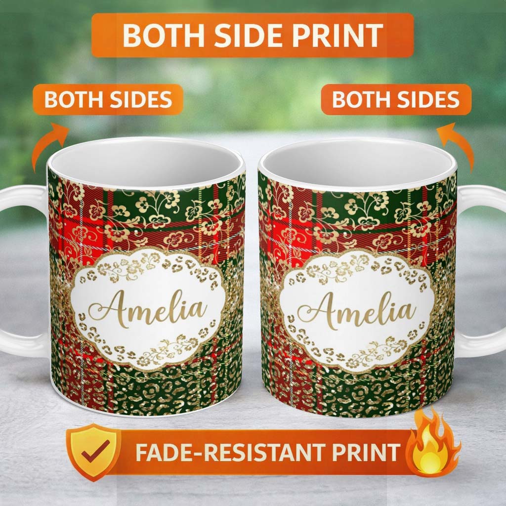 Personalized Custom Name Festive Plaid Gold Floral Glitter Christmas Seamless Pattern Lovely 11oz Ceramic Coffee Tea Mug White Large Handle