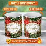 Personalized Custom Name Festive Plaid Gold Floral Glitter Christmas Seamless Pattern Lovely 11oz Ceramic Coffee Tea Mug White Large Handle