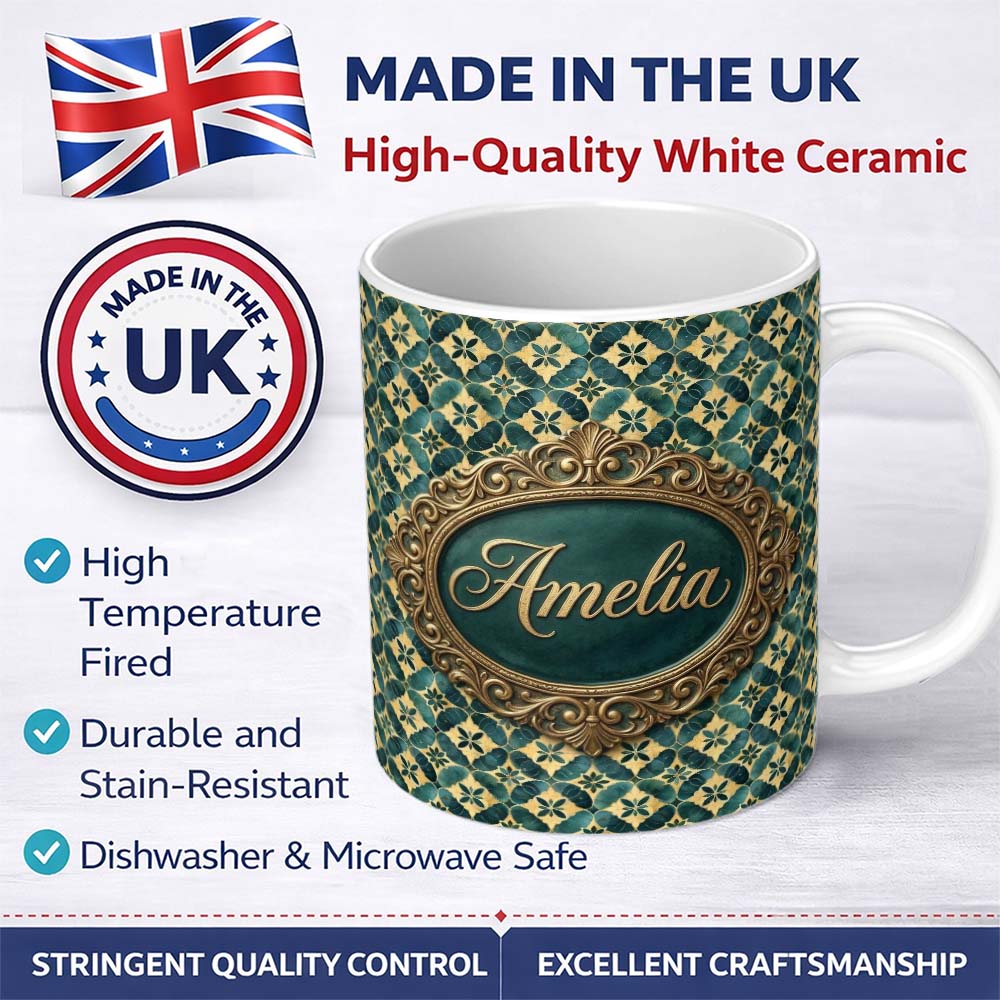 Personalized Custom Name Luxury Art Deco Tile Gold and Teal Geometric Seamless Pattern Lovely 11oz Ceramic Coffee Tea Mug White Large Handle