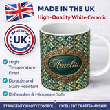 Personalized Custom Name Luxury Art Deco Tile Gold and Teal Geometric Seamless Pattern Lovely 11oz Ceramic Coffee Tea Mug White Large Handle