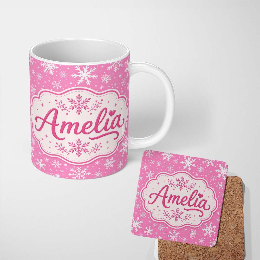 Personalized Custom Name Pink Snowflakes Winter Seamless Pattern Thoughtful Gift Idea Lovely 11oz Ceramic Coffee Tea Mug White Large Handle