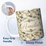 Personalized Custom Name Neutral Beige Tropical Palm Leaf Watercolor Seamless Pattern Lovely 11oz Ceramic Coffee Tea Mug White Large Handle