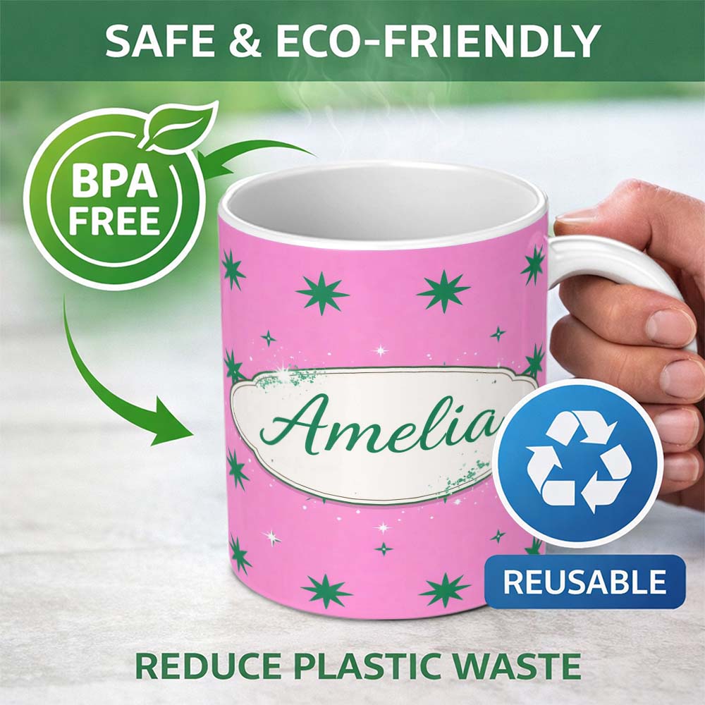 Personalized Custom Name Green Star Shapes on Pink Background Seamless Pattern Lovely 11oz Ceramic Coffee Tea Mug White Large Handle
