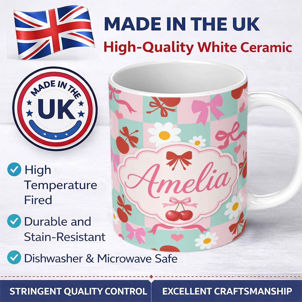 Personalized Custom Name Cute Cherry Bow Daisy Heart Seamless on Mint and Pink Gingham Lovely 11oz Ceramic Coffee Tea Mug White Large Handle
