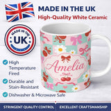 Personalized Custom Name Cute Cherry Bow Daisy Heart Seamless on Mint and Pink Gingham Lovely 11oz Ceramic Coffee Tea Mug White Large Handle