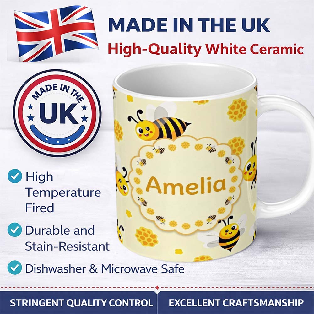 Personalized Custom Name Cute Bees Honeycomb Sweet Kawaii Insects Seamless Pattern Lovely 11oz Ceramic Coffee Tea Mug White Large Handle