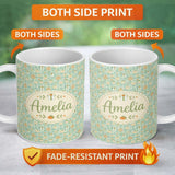 Personalized Custom Name Soft Pastel Picnic Basket and Fruit Motif Seamless Pattern Lovely 11oz Ceramic Coffee Tea Mug White Large Handle