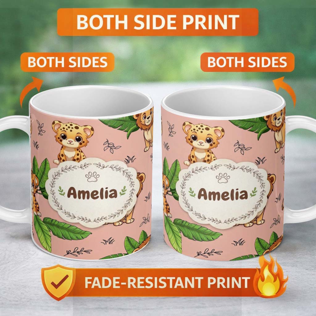 Personalized Custom Name Cute Jungle Animals Lion Tiger Leopard Tropical Leaves Seamless 11oz Ceramic Coffee Tea Mug White Large Handle