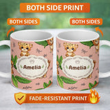 Personalized Custom Name Cute Jungle Animals Lion Tiger Leopard Tropical Leaves Seamless 11oz Ceramic Coffee Tea Mug White Large Handle