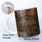 Personalized Custom Name Burnt Metal Rust Texture Seamless Pattern Dark Abstract Grunge Style 11oz Ceramic Coffee Tea Mug White Large Handle