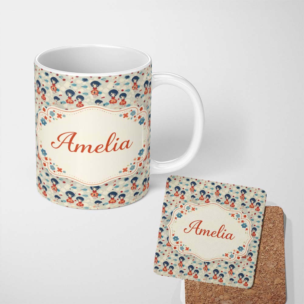 Personalized Custom Name Japanese Doll Red Kimono Floral Pattern Traditional Style Design 11oz Ceramic Coffee Tea Mug White Large Handle