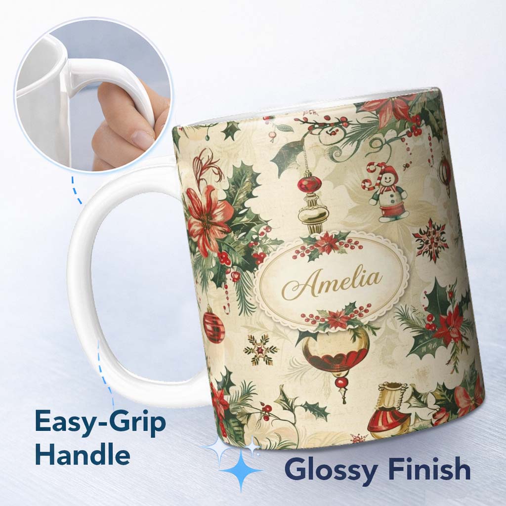 Personalized Custom Name Elegant Christmas Poinsettia Holly Berries and Ornaments Seamless 11oz Ceramic Coffee Tea Mug White Large Handle