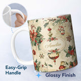 Personalized Custom Name Elegant Christmas Poinsettia Holly Berries and Ornaments Seamless 11oz Ceramic Coffee Tea Mug White Large Handle