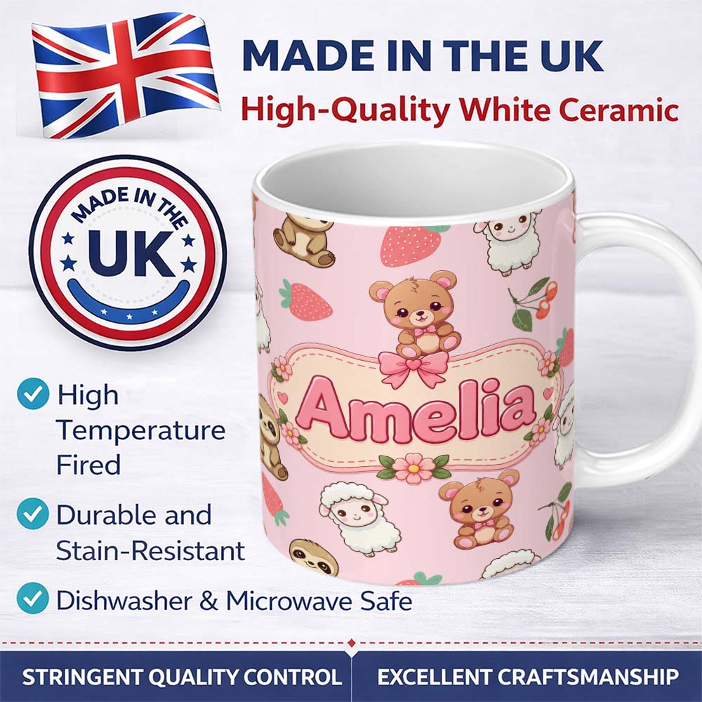 Personalized Custom Name Cute Bear Sloth Lamb Cherry Strawberry Seamless Pattern on Light 11oz Ceramic Coffee Tea Mug White Large Handle