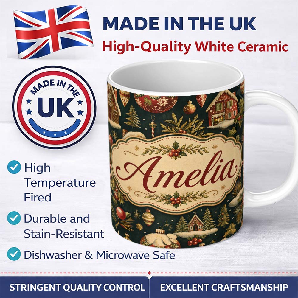 Personalized Custom Name Vintage Winter Village Houses Snowy Christmas Seamless Pattern 11oz Ceramic Coffee Tea Mug White Large Handle