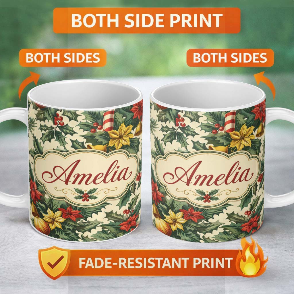 Personalized Custom Name Elegant Christmas Holly Leaves with Bells and Poinsettia Festive 11oz Ceramic Coffee Tea Mug White Large Handle