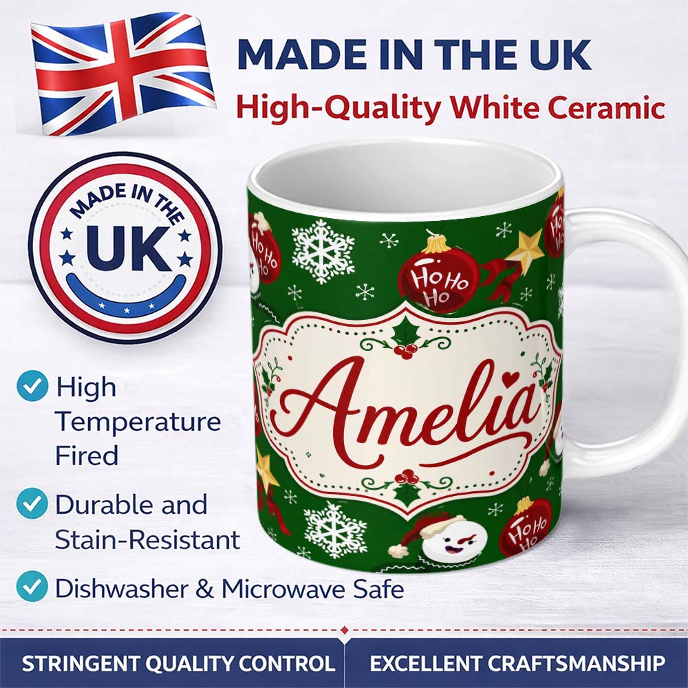 Personalized Custom Name Cute Snowman Ornament Star Snowflake Seamless Pattern Winter Lovely 11oz Ceramic Coffee Tea Mug White Large Handle