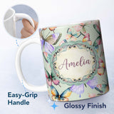 Personalized Custom Name Colorful Watercolor Butterflies on Sage Green Background Seamless 11oz Ceramic Coffee Tea Mug White Large Handle