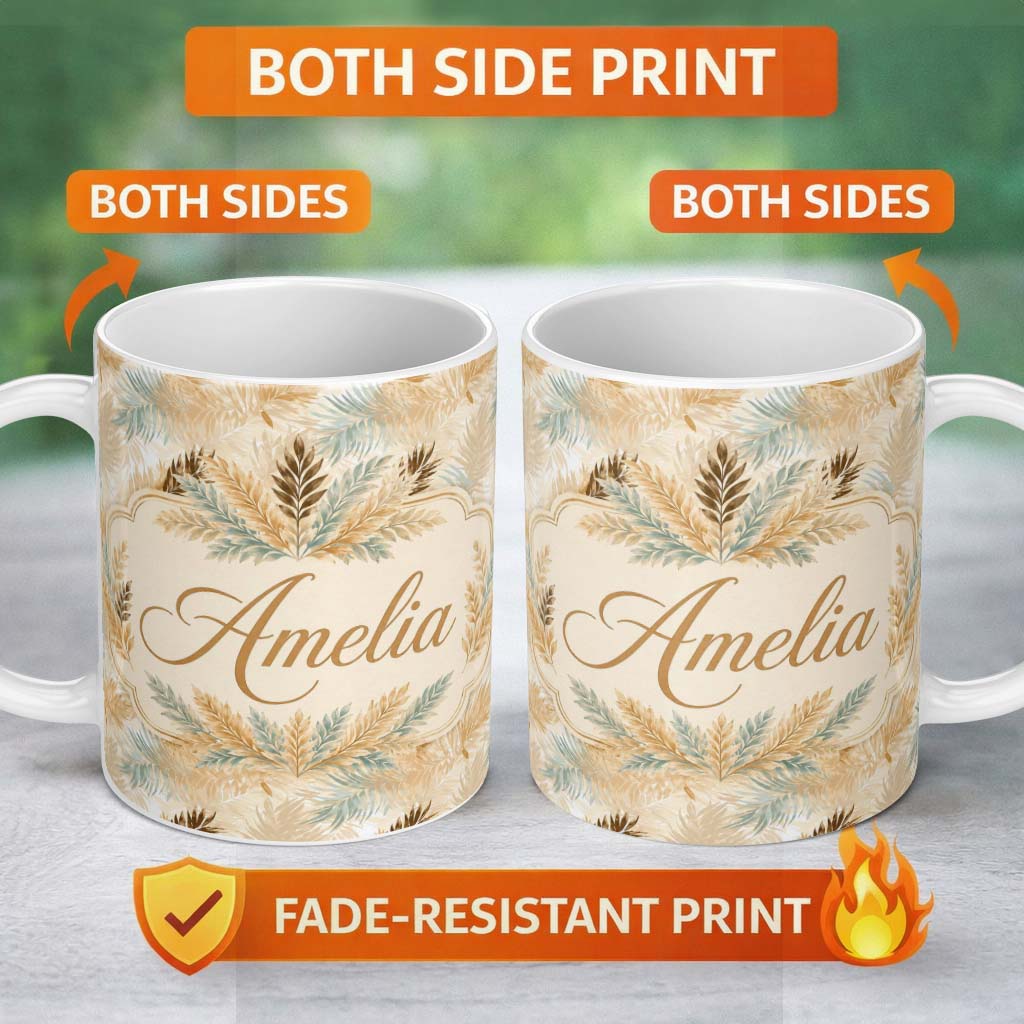 Personalized Custom Name Neutral Beige Tropical Palm Leaves Seamless Pattern Cute Unique Gift 11oz Ceramic Coffee Tea Mug White Large Handle