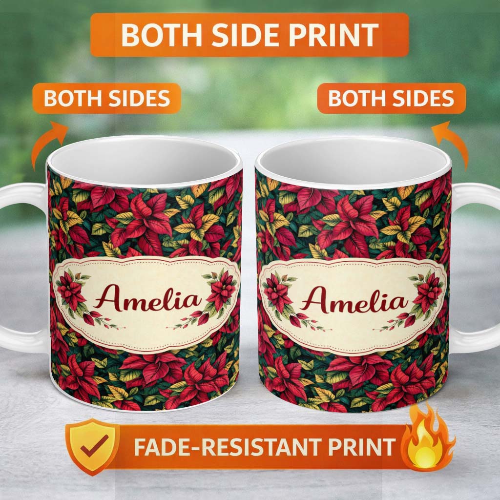 Personalized Custom Name Bold Red Green Tropical Leaves Seamless Pattern Beautiful Coffee Cup 11oz Ceramic Coffee Tea Mug White Large Handle