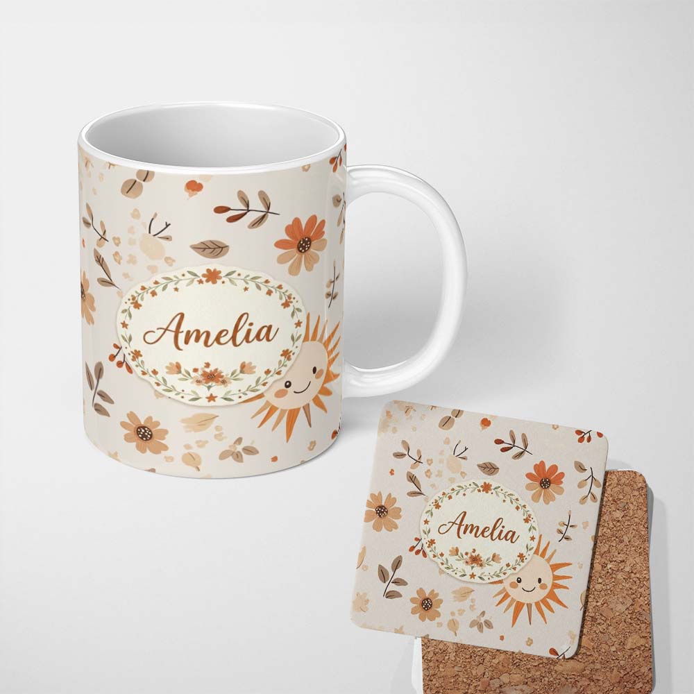 Personalized Custom Name Minimal Floral Pattern with Cute Smiling Sun Design Seamless Lovely 11oz Ceramic Coffee Tea Mug White Large Handle